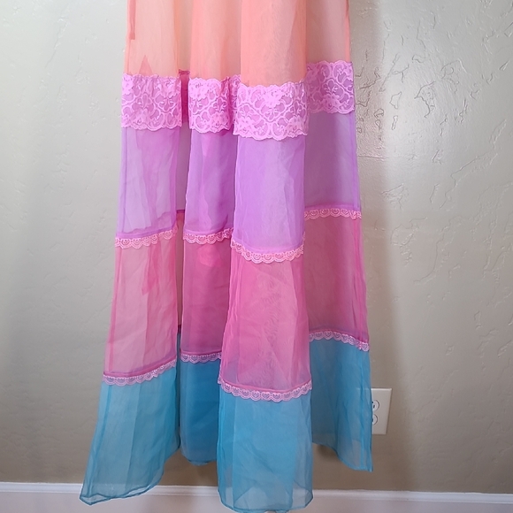 Sheer Fairycore Lace Patchwork Maxi Dress Pink Blue | Side Zip | Small - Picture 10 of 16